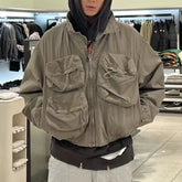 Hearujoy Vintage Multi-pockets Lapel Windbreaker Mens Workwear Jacket High Street Casual Loose Fall Coat Oversized Baggy Unisex Clothes